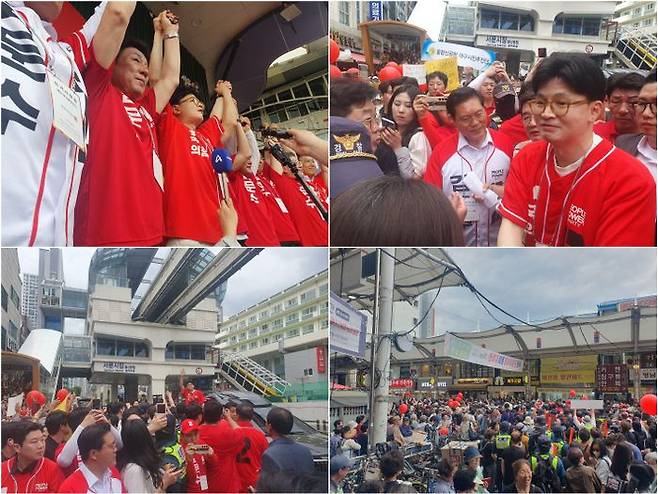 한동훈 국민의힘 전 대표가 강대식 대구시당위원장 등과 함께 21일 서문시장에서 김문수 후보 지원 선거 운동을 하고 있는 모습 ⓒ데일리안 김민석 기자