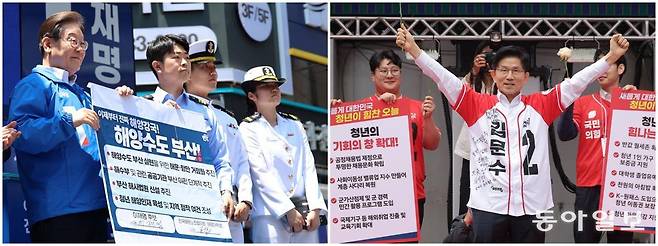 이재명 더불어민주당 대선 후보(왼쪽 사진 왼쪽 첫 번째)는 지난 14일 민주당 험지로 꼽히는 부산·경남(PK) 지역 유세에 나서며 부산 부산진구를 찾았다. 김문수 국민의힘 대선 후보(오른쪽 사진 가운데)는 19일 서울 중구 청계광장에서 청년 정책 공약을 발표했다. 최혁중 기자 sajinman@donga.com