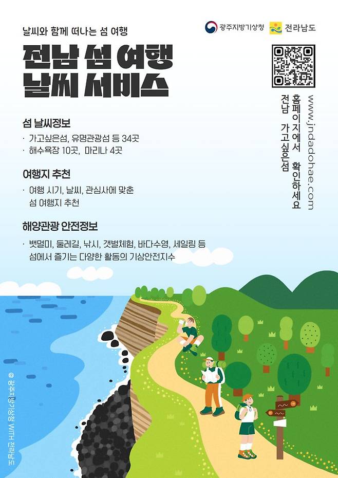 전남도와 광주지방기상청은 전남 섬을 찾는 여행객의 안전과 편의를 위해 22일부터 '전남 섬 여행 날씨' 서비스를 본격 제공한다고 밝혔다. 전남도 제공