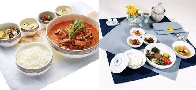 아시아나항공 김치찌개, 2005년 대한항공이 제공한 기내식 비빔밥. 각 사 제공