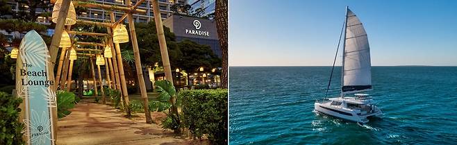 파라다이스 호텔 부산 ’더 비치 라운지’(왼쪽)와 ‘스페셜 요트 투어’. 사진=파라다이스 호텔 제공