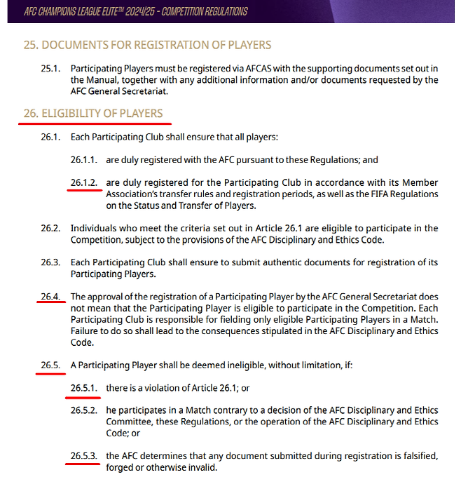 2024-25시즌 아시아축구연맹 챔피언스리그 엘리트 규정 제26조 선수 자격. 사진=AFC 챔피언스리그 엘리트 규정집