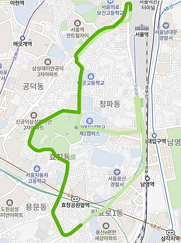 마을버스 용산 04번 노선도. 기사들은 서울역 서부에서 출발해 효창공원→대한노인회중앙회→용산경찰서→남영역→숙대입구역 등을 거쳐 다시 서부역으로 돌아오는 노선을 하루 7~8시간씩 동안 돈다. [네이버 지도 캡처]
