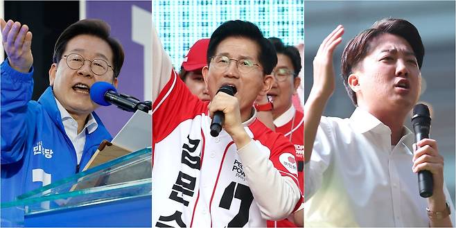 제21대 대통령 선출을 위한 공식 선거운동이 시작된 12일 이재명 더불어민주당 대선후보(사진 왼쪽부터)가 대전 으능정이거리 스카이로드, 김문수 국민의힘 대선후보가 대구 서문시장, 이준석 개혁신당 대선후보가 서울 청계광장에서 지지 호소 연설을 하고 있다.  [연합]