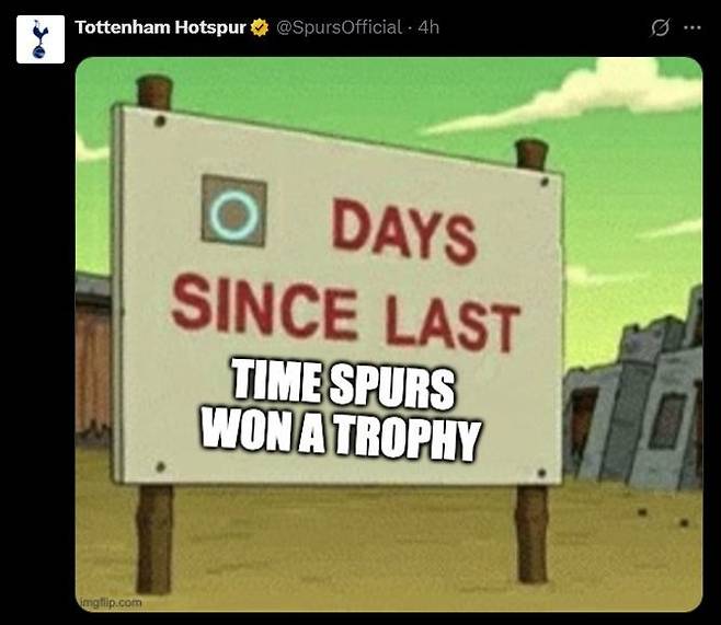 [서울=뉴시스] 유로파리그 우승 직후 토트넘 홋스퍼 구단 공식 엑스 계정은 '토트넘이 트로피를 들어 올린지 0일째'라는 문구가 담긴 사진을 올렸다.(사진=엑스 옛 트위터 갈무리)  *재판매 및 DB 금지