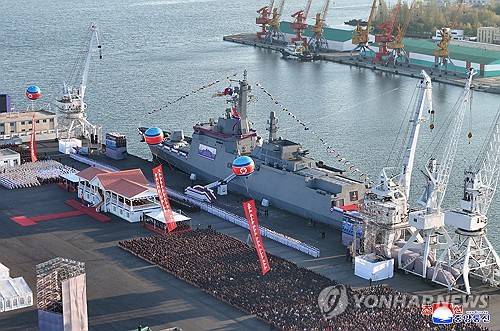 북한, 5천t급 신형구축함 '최현호' 진수식 (평양 조선중앙통신=연합뉴스) 북한 김정은 국무위원장이 참석한 가운데 5,000t급 신형다목적구축함 '최현호' 진수식이 지난 25일 남포조선소에서 진행됐다고 조선중앙통신이 26일 보도했다. 2025.4.26      [국내에서만 사용가능. 재배포 금지. For Use Only in the Republic of Korea. No Redistribution] nkphoto@yna.co.kr