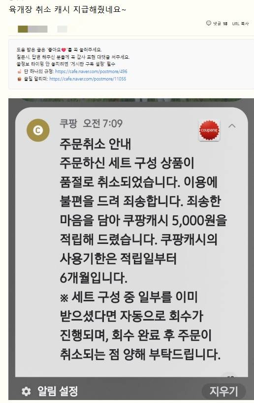 쿠팡이 주문 후 미배송 고객에게 쿠팡 캐시 5000원을 지급한 내역. 독자 제공