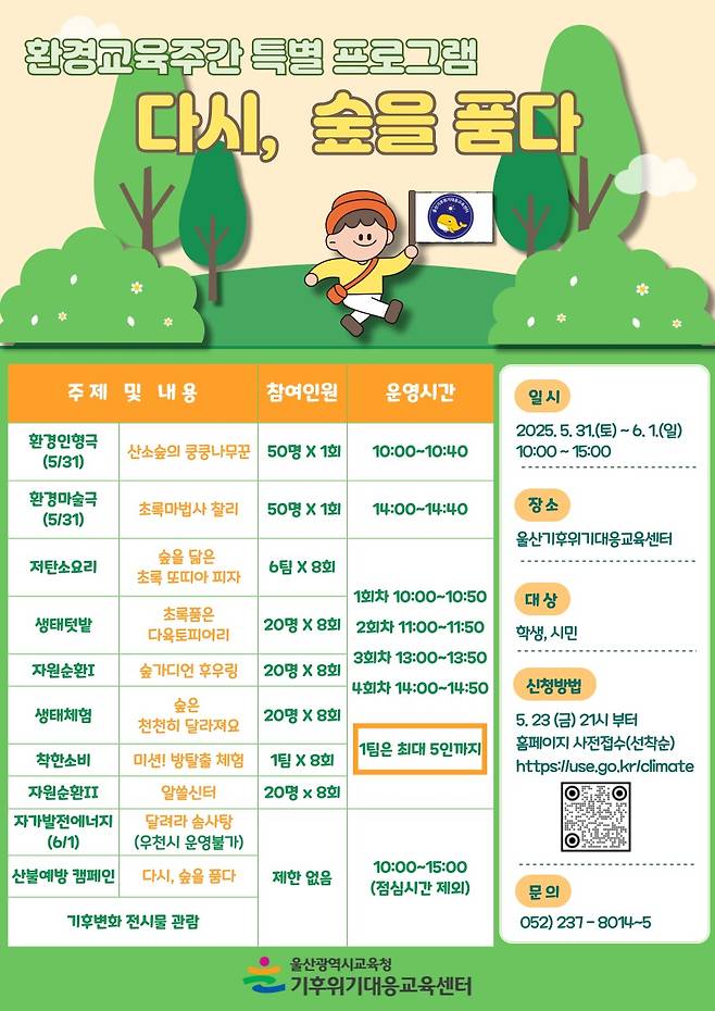 울산기후위기대응교육센터가 세계환경의 날을 맞아 숲의 가치를 되새기는 특별 프로그램 '다시, 숲을 품다'를 운영한다. ⓒ울산광역시교육청