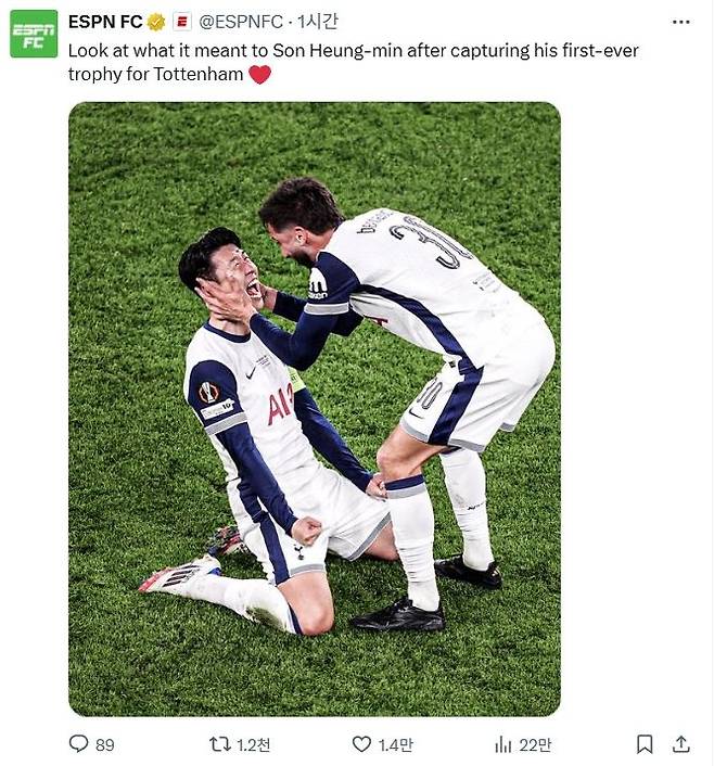 손흥민의 포효 사진과 함께 우승의 의미를 부각한 ESPN SNS