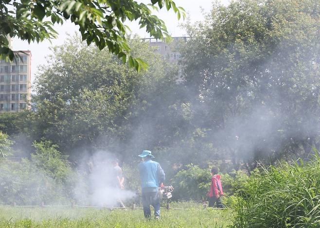 모기 안녕  (대구=연합뉴스) 박세진 기자 = 지난 21일 대구 동구 동촌유원지에서 동구보건소 방역반원들이 병해충 방역작업을 하고 있다. 2025.5.21 psjpsj@yna.co.kr