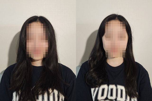 23일 기자가 '에어랩 코안다 2X 멀티 스타일러 앤 드라이어(코안다 투엑스)' 제품으로 스타일링을 하기 전(왼쪽)과 후(오른쪽)의 모습을 비교해봤다. 오른쪽 사진에서는 왼쪽 부분 머리카락에 40mm 컬링 배럴을 사용해 스타일링을 해봤고, 오른쪽 부분 머리카락에 에어스무스 스타일링 노즐을 사용해 스타일링을 해봤다. 박준이 기자.