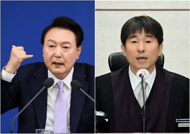 (왼쪽) 윤석열 전 대통령이 지난해 12월7일 서울 용산 대통령실 청사 브리핑실에서 대국민담화 및 기자회견에서 발언하는 모습. (오른쪽) 지귀연 판사가 지난 4월21일 서울 서초구 서울중앙지법 417호 법정에서 열린 윤석열 전 대통령의 내란 우두머리 혐의 재판을 하기 전 언론 공개에 대한 발언하는 모습. 사진공동취재단, 대통령실사진기자단