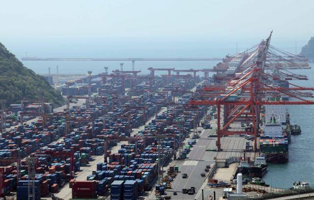 12일 부산 남구 신선대부두 야적장에 수출입 컨테이너가 가득 쌓여 있다. 뉴시스