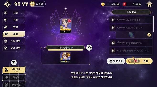 ▲ 6성 영웅 초월 재료로 4성 초월 영웅을 넣으면