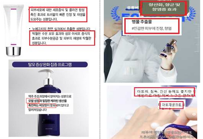'피부염증 감소',  '피부재생',  '항염' 등 사실과 다른 내용의 문구를 화장품 광고에 사용했다가 적발된 사례 (사진, 식약처)