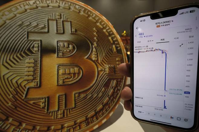 지난 2일 서울 강남구 빗썸라운지에서 바라본 휴대폰 화면에 위믹스 시세가 나오고있다./사진=뉴시스