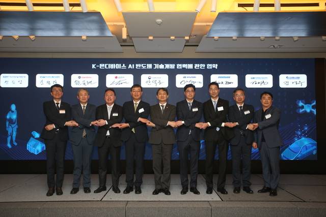 안덕근 산업통산부장관(왼쪽 다섯번째), KAI 김지홍(오른쪽 두번째) 미래융합기술원장 등 관계기업들이 20일 서울 웨스틴조선 호텔에서 개최된 AI 반도체 협업포럼에서‘미래 신시장 선점 및 국내 팹리스 역량강화’를 위한 K-온디바이스 AI 반도체 기술개발 협력에 관한 업부협약(MOU을 체결한 뒤 기념촬영하고 있다.  KAI 제공