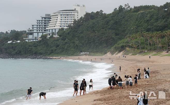 [제주=뉴시스] 우장호 기자 = 흐린 날씨를 보인 15일 오전 제주 서귀포시 중문색달해수욕장을 찾은 관광객들이 백사장 위에서 이른 여름 정취를 즐기고 있다. 2025.05.15. woo1223@newsis.com