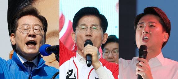 제 21대 대통령 선거에 출마한 더불어민주당 이재명, 국민의힘 김문수, 개혁신당 이준석 후보(왼쪽부터)가 각각 선거 유세에서 지지를 호소하고 있다. 뉴스1&nbsp;