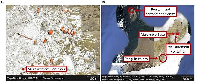 남극 아델리펭귄 서식지 주변의 암모니아 농도 측정 연구 A)남극 마람비오 기지의 건물·시설과 측정 컨테이너. B)시모어 섬 내 암모니아 측정 연구 주요 지점 [Communications Earth & Environment/Matthew Boyer et al. 제공. 재판매 및 DB 금지]