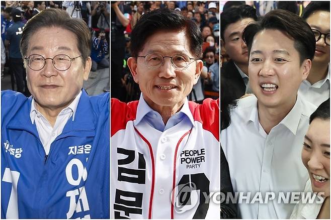 이재명, 김문수, 이준석 후보 (거제·밀양·부산=연합뉴스) 14일 거제에서 지지자들에게 인사하는 이재명 후보(왼쪽부터), 밀양 찾아 유세하는 김문수 후보, 부산 자갈치시장에서 시민들 만나는 이준석 후보