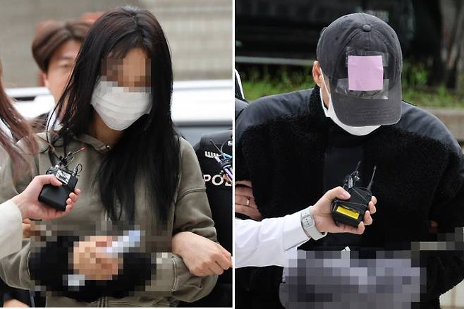 축구 국가대표팀 주장 손흥민의 아이를 임신했다고 주장하며 손씨에게 돈을 뜯어내려 한 20대 여성 양모씨(왼쪽)와 40대 남성 용모씨가 지난 17일 영장실질심사를 받기 위해 서울중앙지법에 들어서고 있다. (사진=연합뉴스)