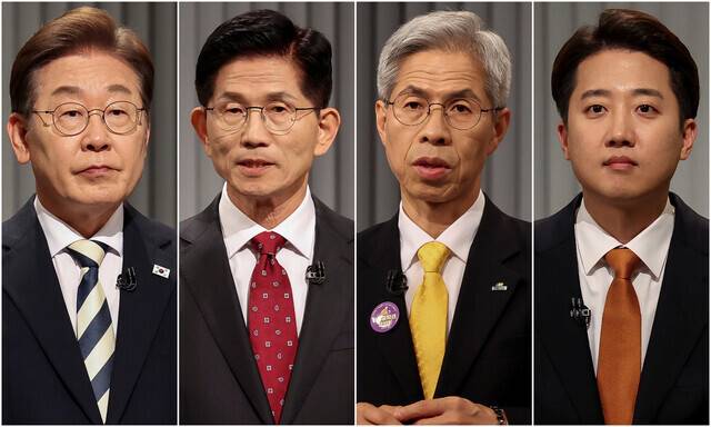 23일 저녁 서울 영등포구 한국방송(KBS) 본관 스튜디오에서 열린 중앙선거방송토론위원회 주관 2차 대선 후보 토론회에 참석한 후보달. 이재명 더불어민주당(왼쪽부터), 김문수 국민의힘, 권영국 민주노동당, 이준석 개혁신당 대통령 후보. 국회사진기자단