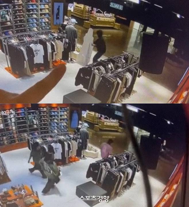 말레이시아 MLB 매장에서 카리나 등신대를 훔쳐 달아나는 남성. 사회관계망서비스 캡처