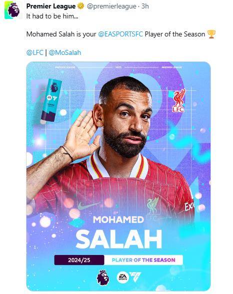 살라흐의 올해의 선수 수상 소식을 전한 프리미어리그. [프리미어리그 엑스(X). 재판매 및 DB 금지]