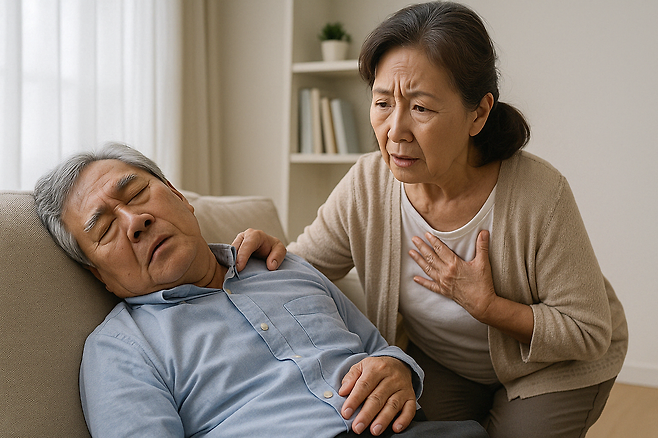 쇼파위에 쓰러져 있는 남성과 걱정스럽게 바라보는 여성