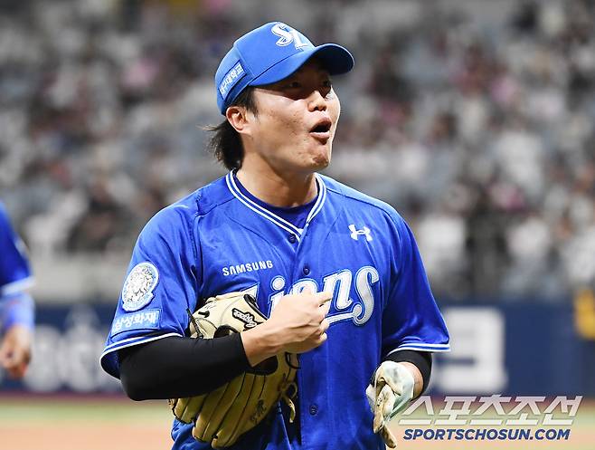 22일 서울 고척스카이돔에서 열린 삼성-키움전. 수비를 마친 류지혁이 활짝 웃고 있다. 고척=정재근 기자 cjg@sportschosun.com/2025.5.22/