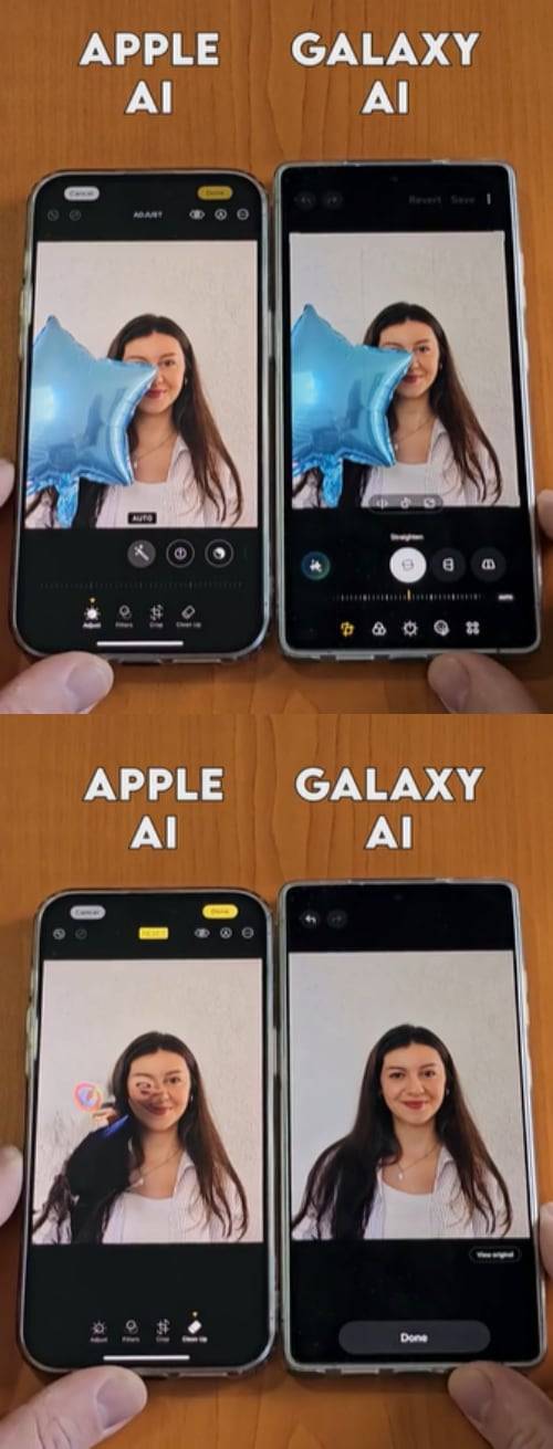 동일한 여성 사진으로 애플 AI와 갤럭시 AI를 활용해 사진을 변형했을 때 나타난 결과물. /레딧