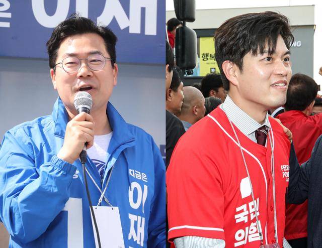 박찬대(왼쪽) 더불어민주당 상임총괄선대위원장과 김용태 국민의힘 비상대책위원장 겸 공동선대위원장. 연합뉴스, 양주=하상윤 기자