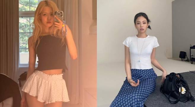 내추럴 하이틴 스타일을 입고 SNS에 사진을 공유한 아이돌 스타들. (왼쪽부터)블랙핑크 로제와 제니. 사진=SNS 캡처