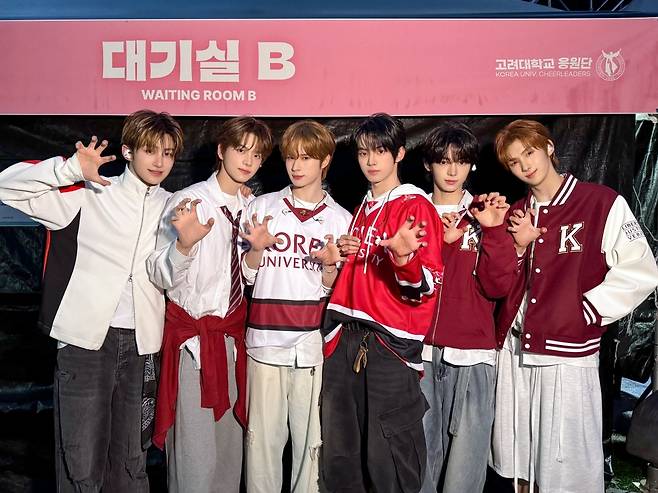 TWS poses in a waiting room at Korea University's festival held in Seoul, Saturday. (Pledis Entertainment)