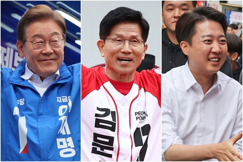 지난 24일 안양에서 집중유세하는 이재명 더불어민주당 대선 후보(왼쪽부터), 안동 방문한 김문수 국민의힘 대선 후보, 수원에서 유세하는 이준석 개혁신당 대선 후보. [사진 출처 = 연합뉴스]