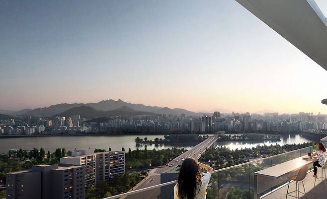 HDC현대산업개발이 용산정비창 전면1구역 사업에 제안한 스카이라인 커뮤니티에서 보일 것으로 예상되는 한강뷰 예시. [HDC 현대산업개발 제공]