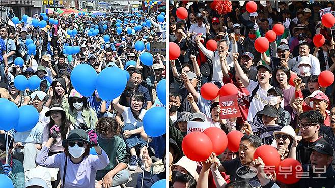 (왼쪽)26일 오후 수원시 팔달구 영동시장 앞에서 열린 더불어민주당 이재명 대선 후보 집중유세에서 시민들이 환호하고 있다. (오른쪽)김문수 국민의힘 대선 후보가 26일 경기 오산시 오산역 광장에서 열린 유세에서 지지를 호소하는 가운데 유권자들이 환호하고 있다. 김경민기자