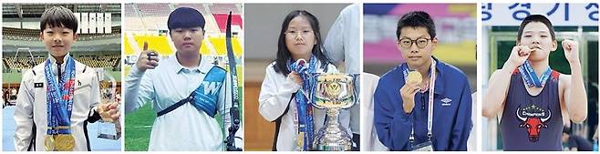 광주·전남선수단 영광의 얼굴들. 왼쪽부터 체조 최원재, 양궁 김준서, 바둑 박연정, 수영 정근민·레슬링 김정민 <광주시·전남도체육회 제공>