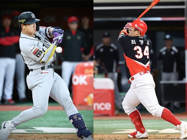 안현민(왼쪽)과 최형우(오른쪽)가 타격에 임하고 있다. 두 선수 모두 엄청난 힘을 자랑한다. 힘의 원천은 하체다. 사진 | KIA 타이거즈
