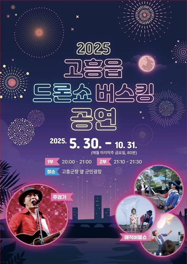 고흥군은 오는30일 저녁 8시, 고흥군청 앞 군민광장에서 '2025 고흥읍 드론쇼 버스킹 공연'의 두 번째 무대를 개최한다. 고흥군 제공