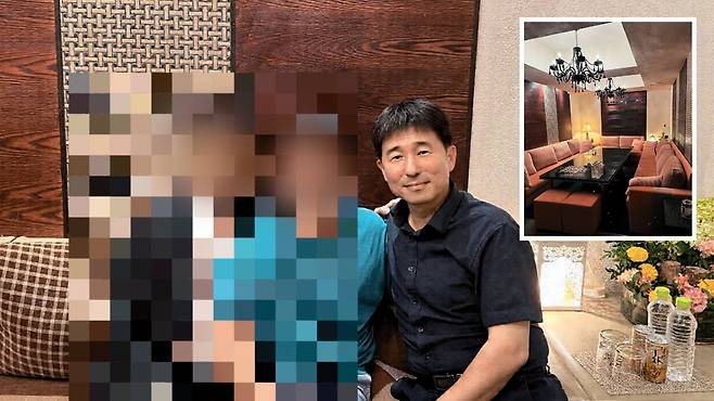 더불어민주당이 지난 19일 지귀연 부장판사가 룸살롱에서 접대를 받은 근거라면서 공개한 사진. 맨 오른쪽 사람이 지 부장판사다. 작은 사진은 민주당이 공개한 이 주점의 내부 모습이다. /사진=더불어민주당, 그래픽=송윤혜