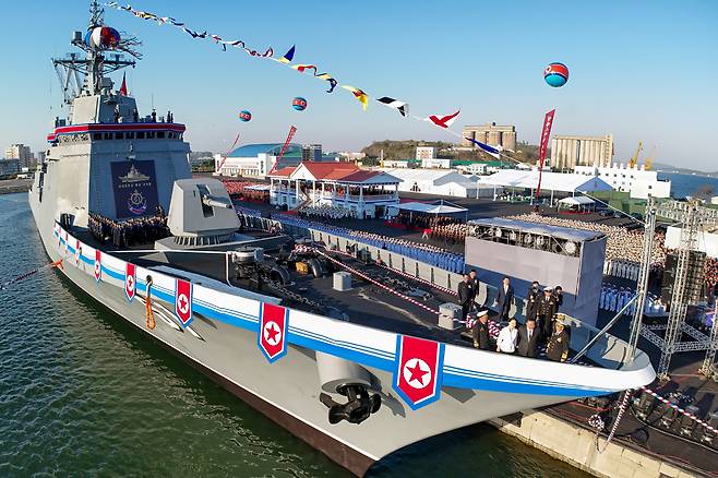 North Korea’s new 5,000-ton-class destroyer is seen before it capsized during a failed launch on May 21, 2025./News1