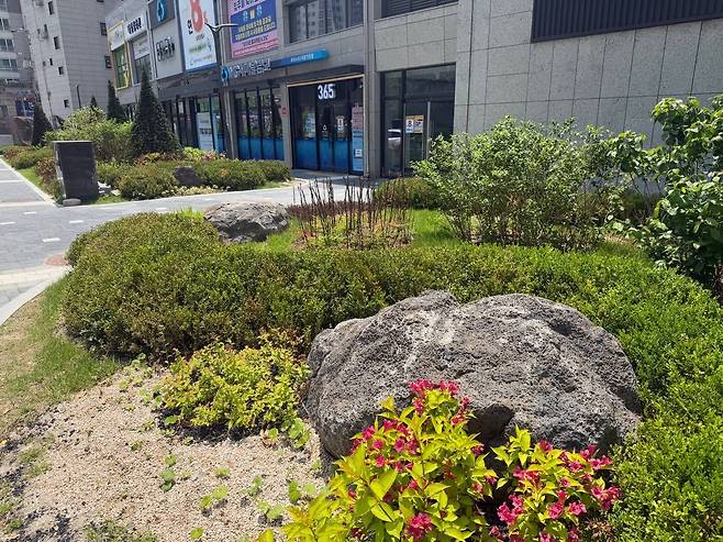 26일 오전 10시쯤 서울 동대문구 이문동 아파트 단지. 최근에 설치된 거대한 조경석 외에도 이미 단지 곳곳에 크기가 상대적으로 작은 조경석이 설치돼 있다. /이호준 기자