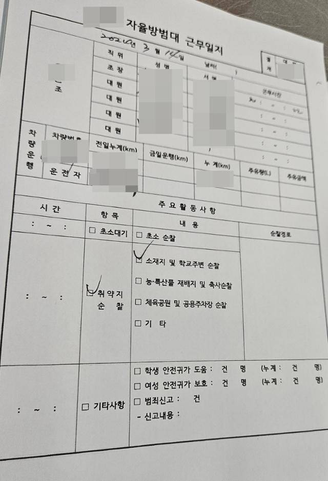 전북 완주 지역 한 자율방범대 근무 일지에 탈퇴한 회원이 순찰 활동을 한 것처럼 이름과 서명이 적혀 있다. 독자 제공