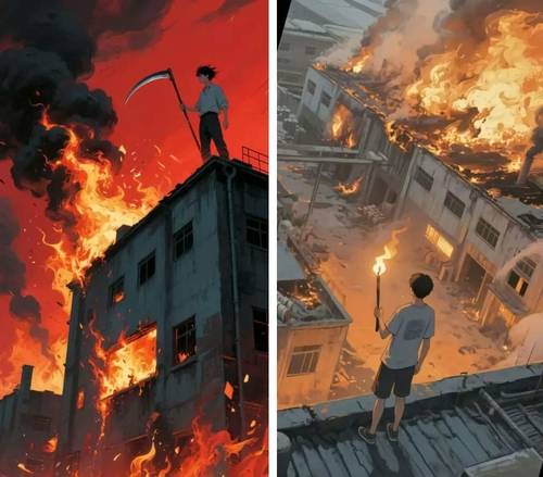 중화권 누리꾼들이 지난 20일 쓰촨성 핑산현 공장에서 발생한 화재사건을 모티브로 만든 인공지능(AI) 생성 이미지. 방화범이 미지급 임금 800위안을 받아내려 불을 질렀다고 소문이 퍼지면서 열광적 반응이 생겨났다. 중국 공안당국은 ‘800위안 미지급설’은 사실이 아니라고 밝혔다.  엑스 캡처