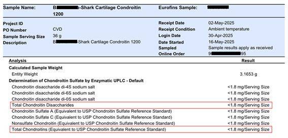 미국 N社 원료를 사용한 제품의 미국 시험 결과 (효소-분해 HPLC법)