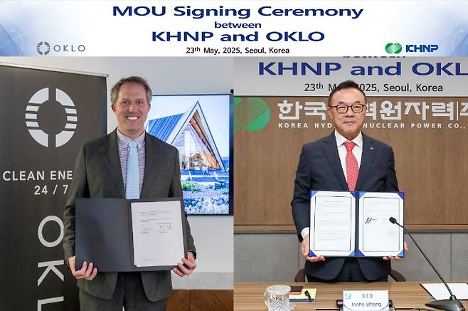 한수원이 지난 23일 美 오클로(Oklo)와 4세대 SMR 기술 개발을 위한 업무협약을 체결하고 있다. 한수원 제공