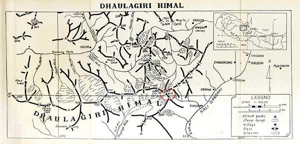 1963년 원정보고서에 수록된 지도. 원정대가 시도한 6,700m 봉우리가 삼각형으로 표기되어 있다. 투쿠체 서봉(6,848m)으로 여겨진다.