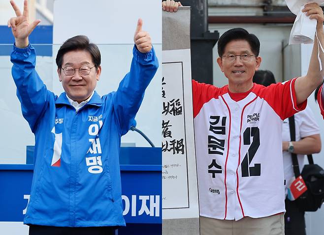 더불어민주당 이재명(왼쪽), 국민의힘 김문수 대선후보가 나란히 캐스팅보트 충청권 공략에 나선 25일, 각각 충남 천안시 신부문화거리와 서산시 중앙통 로데오거리에서 열띤 유세를 펼치고 있다. 천안·서산=뉴스1